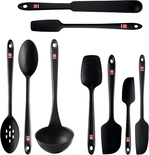DI ORO 9-Piece Silicone Kitchen Utensil Set - Spatulas Silicone Heat Resistant Up to 600F - Rubber Spatulas for Baking - Egg Spatulas, Cooking Spoons, Jar Spatulas, Soup Ladle - BPA Free (Black)