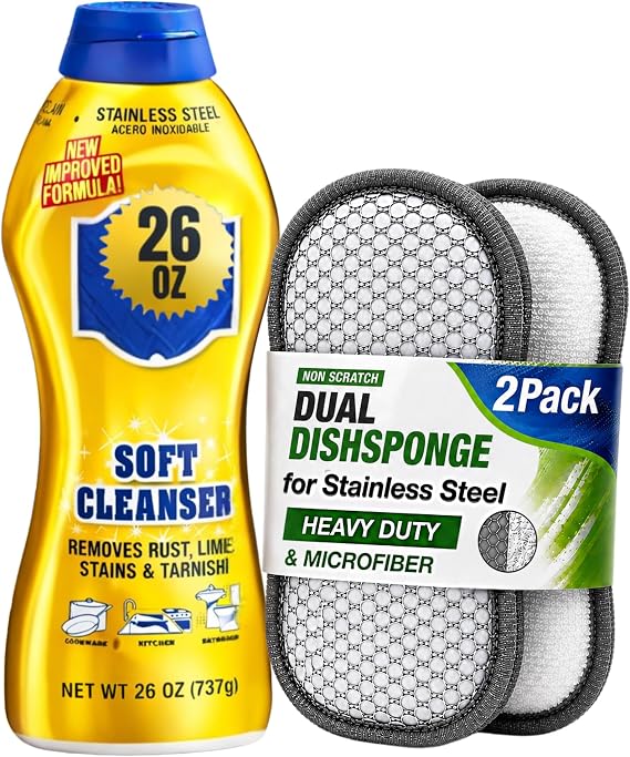R&C Store Essentials Home Cleaning Bundle Kit, includes Multi-Purpose Soft Cleanser 26 oz +2 Premium Non-Scratch Scrub Sponge for Stainless Steel Heavy Duty, Kitchen & Bathroom Cleaning Set