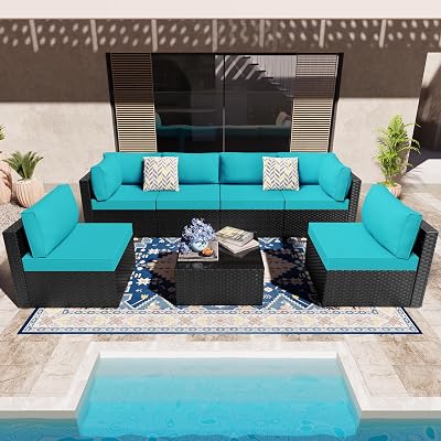 Walsunny 7 Pieces Patio Outdoor Furniture Sets,Low Back All-Weather Rattan Sectional Sofa with Tea Table&Washable Couch Cushions Blue