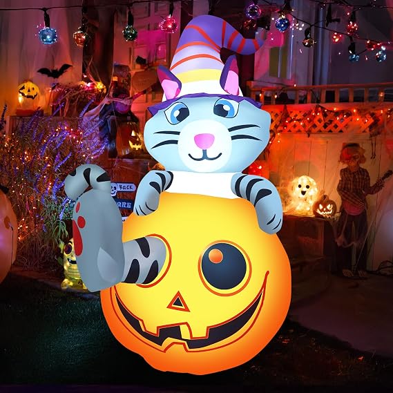 5.5ft Halloween Inflatables Cute Pumpkin Cat Outdoor Decorations Blow Up Yard Decor with Witch Hat Outside Kids Friendly Halloween Inflatable Decoration for Holiday Party Indoor Garden Lawn Home