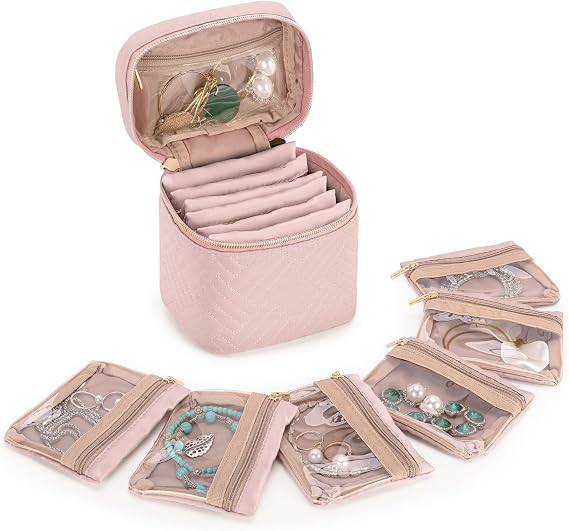 Teamoy Jewelry Travel Case Organizer with 6 Clear Jewelry Bags, Pink | Jewelry Storage Box for Necklaces, Rings, Earrings, Bracelets, Soft, Quilted, Easy to Carry