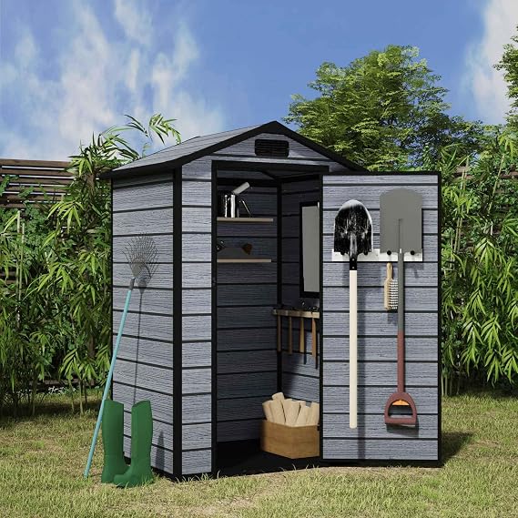 BIRCHTREE 4X3FT Plastic Garden Shed with Floor Apex Roof Wood Grain Effect Fade Free All Weather Resistant Lockable Door Outdoor Storage Box Air Vent&Window Garden Tool Shed Low Maintenance Grey