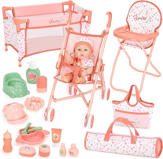 deAO Baby Doll Stroller Playset with 12" Doll Crib & High Chair for Ages 3+
