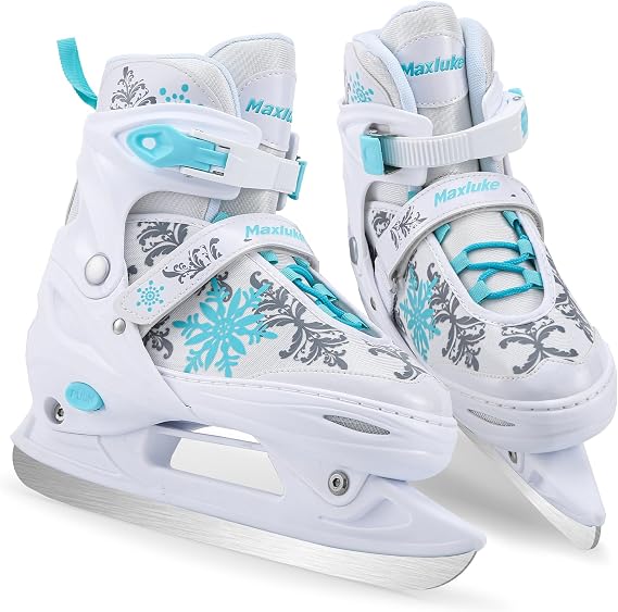 Girl's Adjustable Ice Skates | Ice Hockey Skates for Kids Girls Boys | Youth Beginner Ice Skating Shoes for Outdoor and Rink | Soft Comfortable Lining | White Snowflake Style