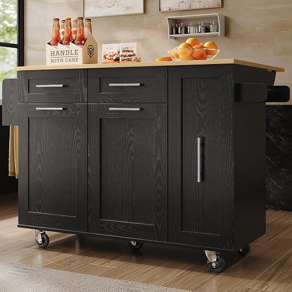 ModernLuxe Multifunctional Rolling Kitchen Island Trolley - 3 Storage Cabinets,2 Drawers,Wooden Countertop,Foldable Countertop,Spice & Towel Rack,Lockable Wheels, Black,Metal + MDF