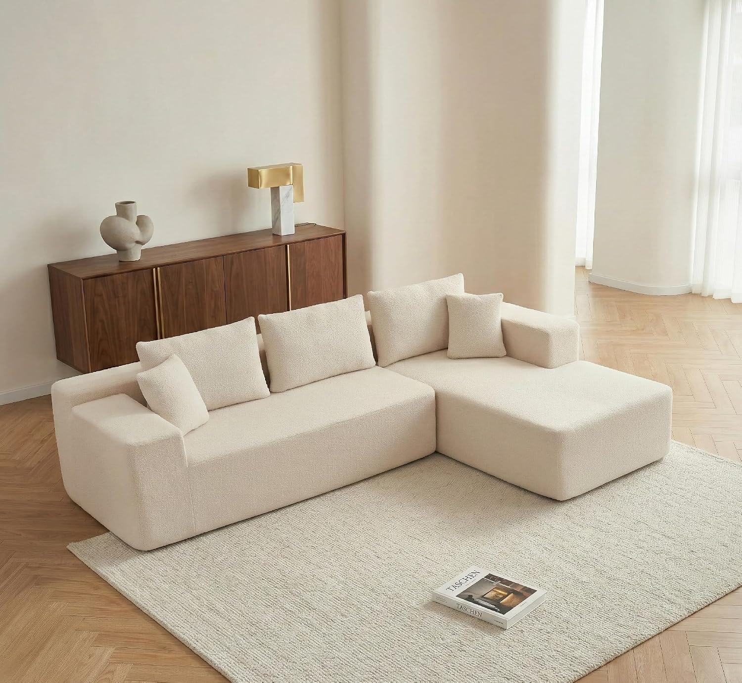 Modular Corner Sofa with Sleep Function Made of Compressed Foam 3-Seater L-Shaped Couch with Stool Delivered Without Assembly (Bouclé Beige Chaise Longue Left)