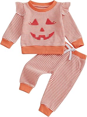 Baby Girl Halloween Outfit Cute Ruffles Waffle Pumpkin Face Sweatshirt Top and Pants Toddler Girl Fall Outfits