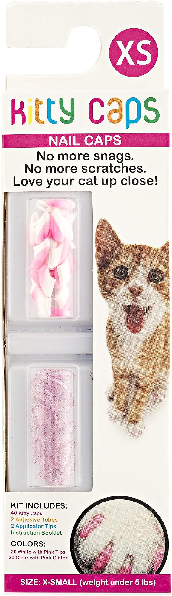Kitty Caps Nail Caps for Cats Safe, Stylish & Humane Alternative to Declawing Covers Cat Claws, Stops Snags and Scratches, Assorted Colors, X-Small (Under 5 lbs), Clear (Pack of 1)