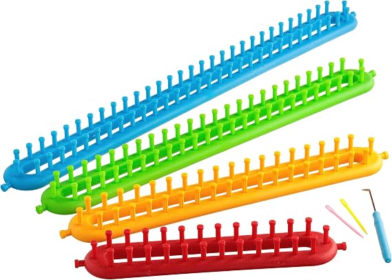 The Quilted Bear Long Knitting Loom Set - Easy Knit 4 Piece Peg Loom with 2 Pins, Loom Knitting Hook Tool & Instruction Leaflet for Scarves,