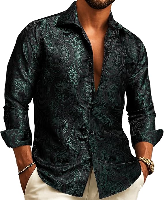 Barry.Wang Mens Silk Shirts Floral Paisley Button Down Dress Shirt for Men