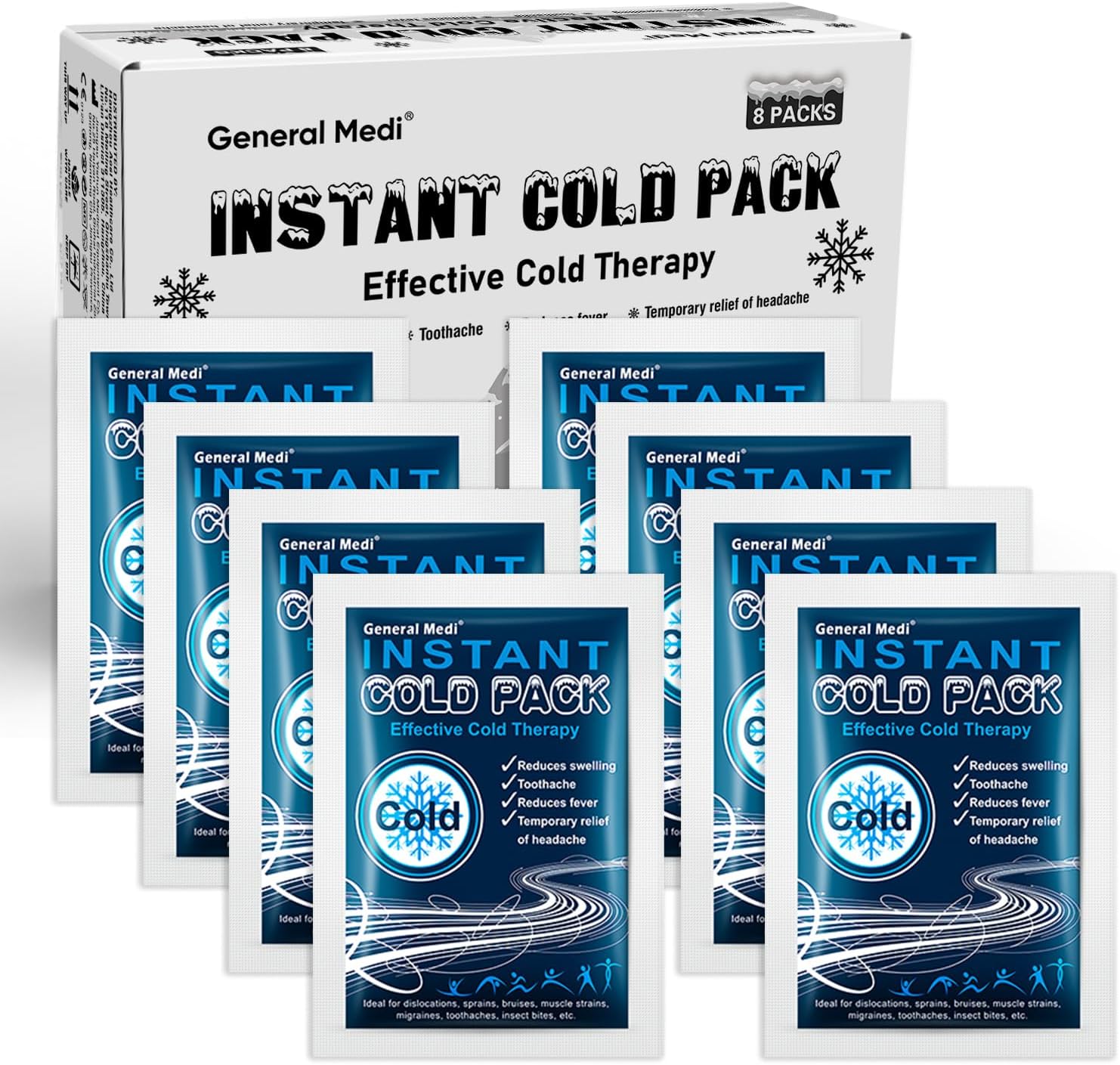 General Medi Instant Ice Cold Pack 4”x 5.5” – 8 Packs Disposable Cold Therapy Ice Packs for Pain Relief, Swelling, Inflammation, Sprains, Toothache – for Athletes & Outdoor Activities