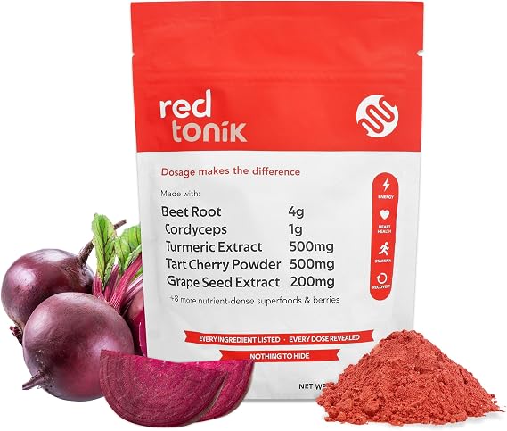 Red Tonik Superfood Powder with Beet Root, Mushroom, Turmeric | Daily Supplement with 13 Superfoods, Vitamins and Minerals | Boost Energy, Stamina, Post-Workout Recovery | Berry Flavor