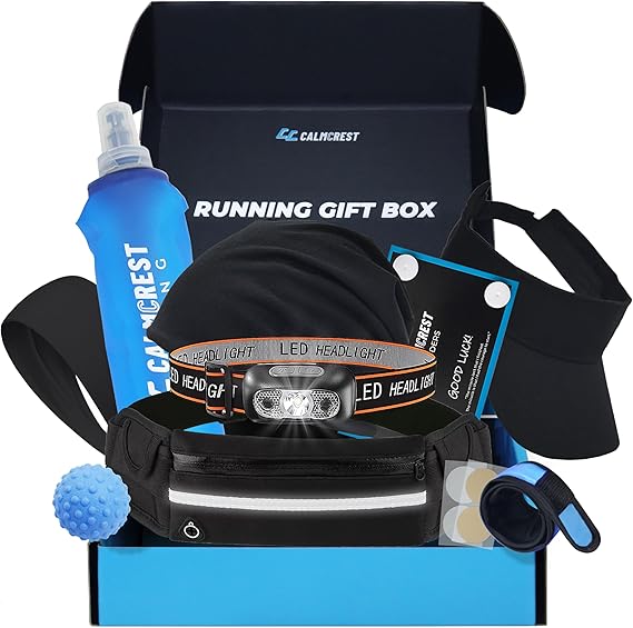 Running Gift Box for Men 10 Premium Running Accessories, Including Running Belt, Waterproof Headlamp, Foldable Water Bottle, Running Beanie, Visor, Bib Clips, Headband & More Cool Runner Gifts