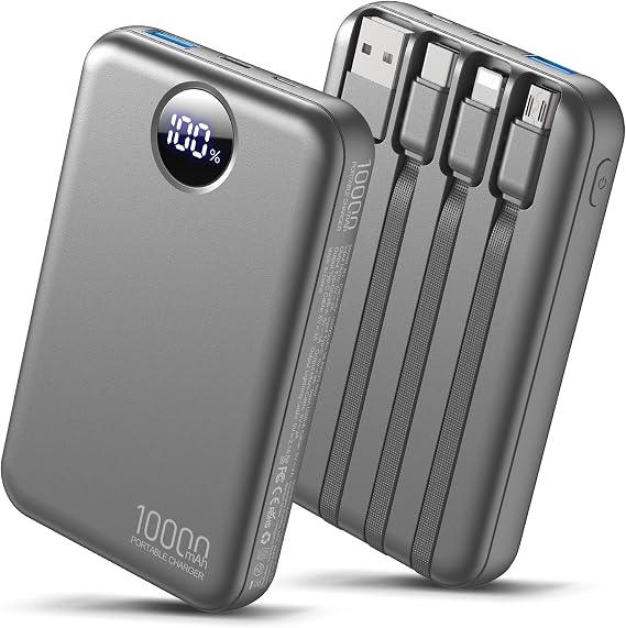 HAIARA Portable Charger 10000mAh Slim Power Bank with 4 Built-in Cables (Type-C/Micro-USB/Lightning/USB-A),USB-C in/Out LED Display,Lightweight All-in-One Battery Pack for iPhone Travel-Gray