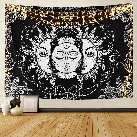 Likiyol Sun and Moon Tapestry for Bedroom Black and White Aesthetic Tapestry Wall Hanging Hippie Psychedelic Mystic Tapestry