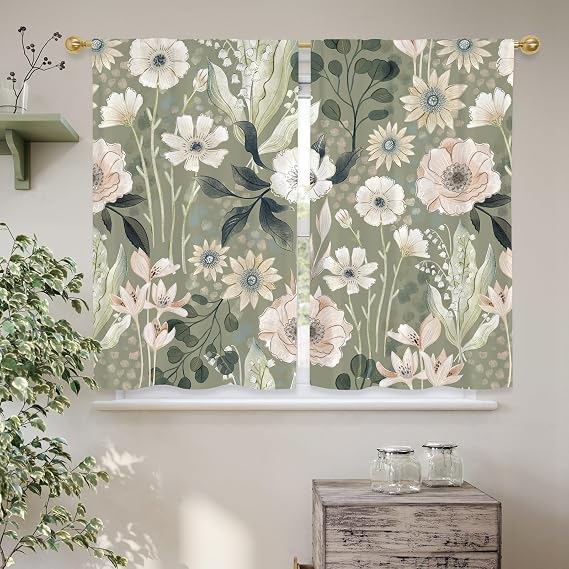 MitoVilla Boho Floral Kitchen Curtains 39 Inch Length for Small Window Treatments, Grey Green Rod Pocket Tier Curtains Short Bathroom Curtain for Closet Door Coverings, 2 Panels Set, 26x39