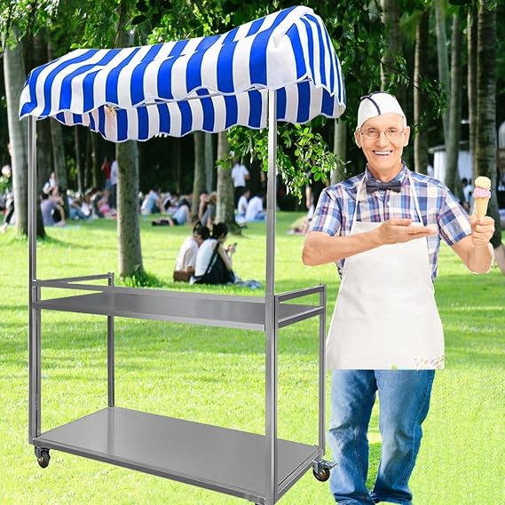 Foldable Vending Food Cart for Sale Ice Cream, Rolling Hot Dog Stall Cart for Sale CandyDessertToy, Lightweight Farmers Market TrollyBlue,Width120cm47.2