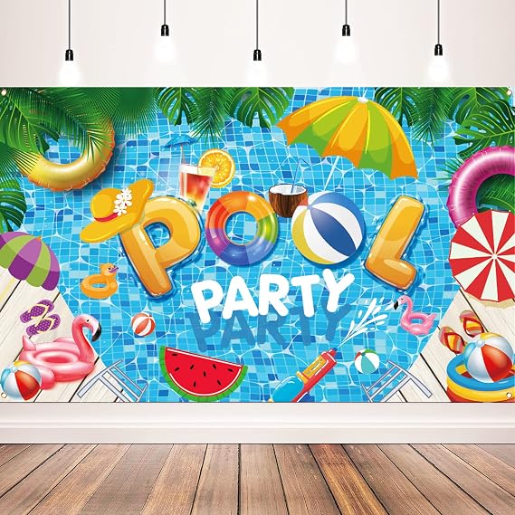 Pool Party Decorations Backdrop, 71 x 43 Inch Summer Swimming Pool Birthday Banner for Photo Booth