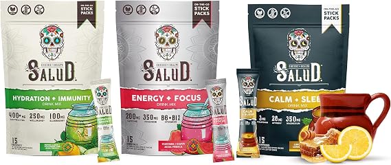 Salud Variety 3-Pack | 2-in-1 Hydration + Immunity (Cucumber Lime), Energy + Focus (Guava) & Calm + Sleep (Lemon Honey) 15 Servings Each, Non-GMO, Gluten Free, Low Calorie, 1g of Sugar