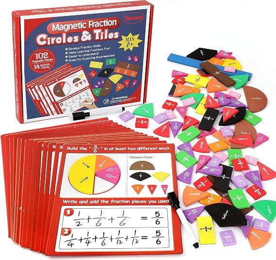 Torlam Magnetic Fraction Tiles & Fraction Circles Activity Set - Math Manipulatives for Elementary School - Fraction Magnets & Resources - Fraction Strips & Bars