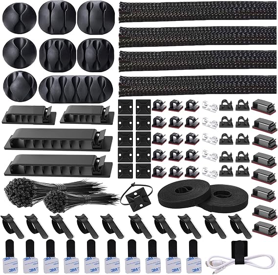 311Pcs Cable Management Organizer Kit 4 Cable Sleeve Split | 53Cable Clips 12Cord Clips Holder,22 Cable Ties, 20 Adhesive Wall Cable Tie, 200Fasten Cable Ties for TV Office Home