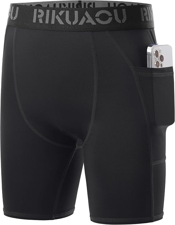 Youth Boys Compression Shorts with Pockets, Kids Athletic Underwear for Baseball Football Black XL
