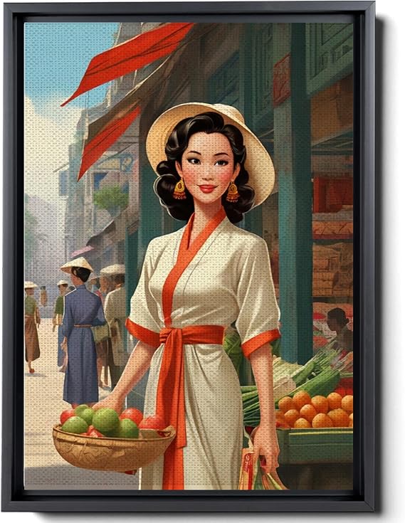 Canvas Print, 3D Wall Art, Market in Vietnam Art Print, Capturing the Vibrancy of Vietnamese Culture, Vietnamese Women Ao Dai Art, Asian Woman Illustration, Asian Artwork, Wall Art, Arts