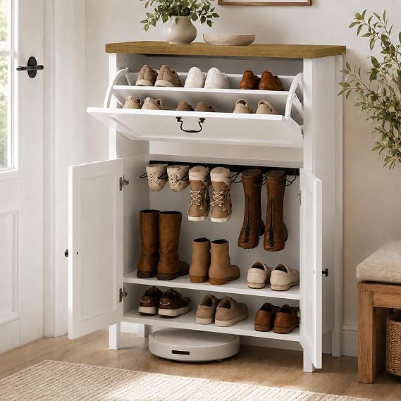 RASOO Shoe Cabinet for Entryway with Flip Drawer Boot Storage Adjustable Shelves, 6 Clips & 7 Rack