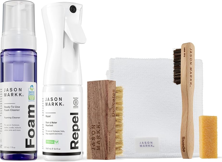 Jason Markk Premium Bundle, Shoe Cleaner Kit, 6-Piece Set, Foam, Repel Spray, Brushes, Microfiber Towel, Stain Eraser, Sneaker Care, Ideal for Footwear, Safe on Leather, Suede, Nubuck, Cotton, Knits