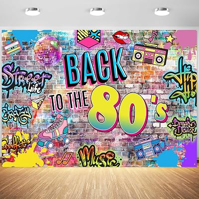 15x10ft 80s Backdrop Hip Hop Graffiti Brick Wall Retro Radio Fashion Photography Background Back to The 80s Themed Party Banner Decorations Supplies Photo Booth Props