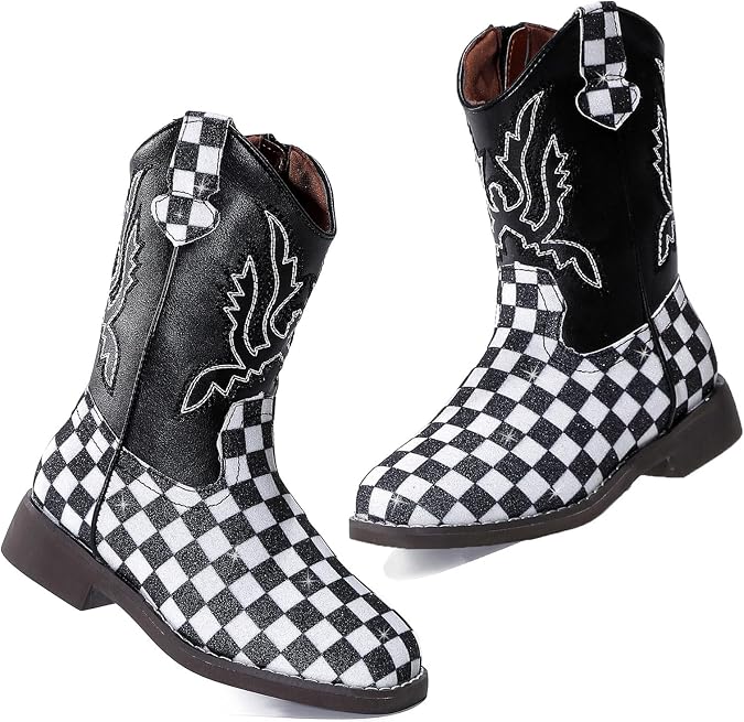 DADAWEN Boys Girls Cowboy Boots Embroidery Glitter Mid Calf Square Toe Kids Western Cowgirl Boots Riding Shoes (Toddler/Little Kid/Big Kid)