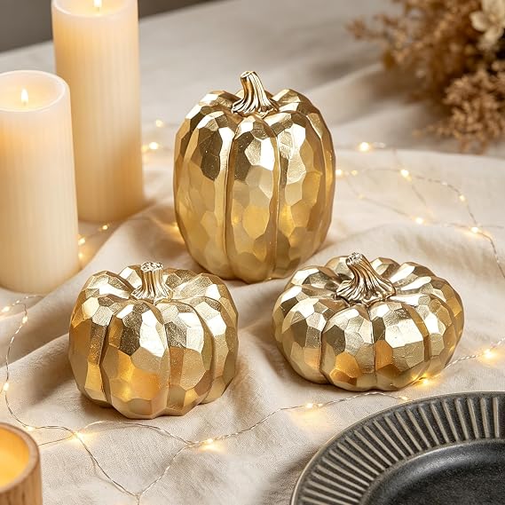winemana 3 Pack Gold Pumpkins Fall Decorations for Home | Resin, Thanksgiving Decor, Artificial Decorative Pumpkin, For Office Table Mantel Indoor Fireplace Autumn