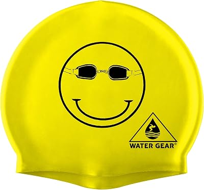 Water Gear Latex Swim Cap - Swimming Caps for Girls Long Hair - Waterproof Swimming Cap - Happy Face BlackYellow