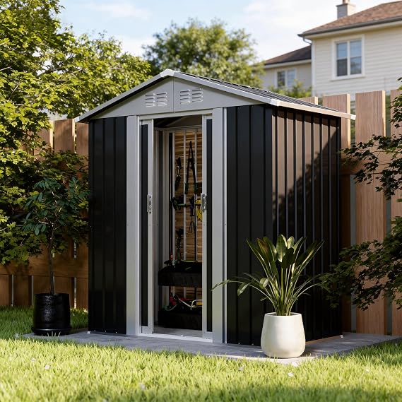Outdoor Sheds 5FT x 3FT Outdoor Storage, Metal Anti-Corrosion Utility Tool House with Lockable Door & Shutter Vents,Outdoor Waterproof Garden Tool Metal Storage Sheds (Grey)