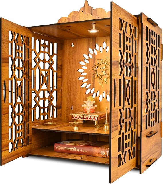 Temple Mandir for Home with Door | Wooden MDF, Assembly Required | Pooja Unit with Storage Space | LED Light and Wall Mounts | Pooja Mandir for Home Big Size (H-21, L-16.5, B-10 inch)