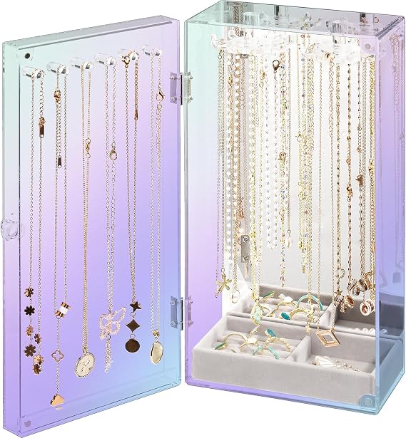 Lolalet Necklace Holder Organizer, Acrylic Jewelry Organizer with 24 Hooks, Rotating Clear Necklaces Display Box with Built-in Mirror, Dust-proof Jewelry Storage Case with Velvet Tray -Lasermirror
