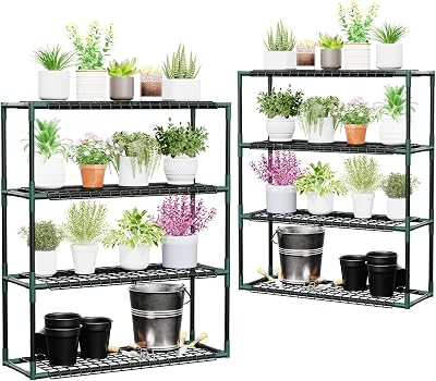 Joyside Outdoor Plant Shelves, 4 Tier 2 Pack Metal Stable Greenhouse Shelving for Home, 34x12x40 Inch Portable Plant Shelf Greenhouse Accessories 4 Tier