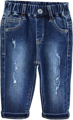 KIDSCOOL SPACE Infant Jeans,Baby Toddler Elastic Waist with D-Ring Ripped Denim Pants