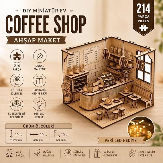 AlgWoodDesign Coffee Shop Ahşap Maket, 214 Parça DIY Minyatür Kafe Modeli, LED Işıklı MDF 3D Puzzle, Hobi ve Dekorasyon Seti, 19x19x19 cm