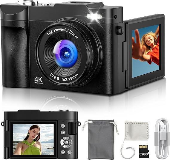 Digital Camera 4K Camera Photo Camera 50MP: 3 Inch 180° Flip Screen Digital Camera for Vlog - Vintage Photo Camera Children - Autofocus Camera - Gifts for Teenagers Boys Girls 8-16 Years Black