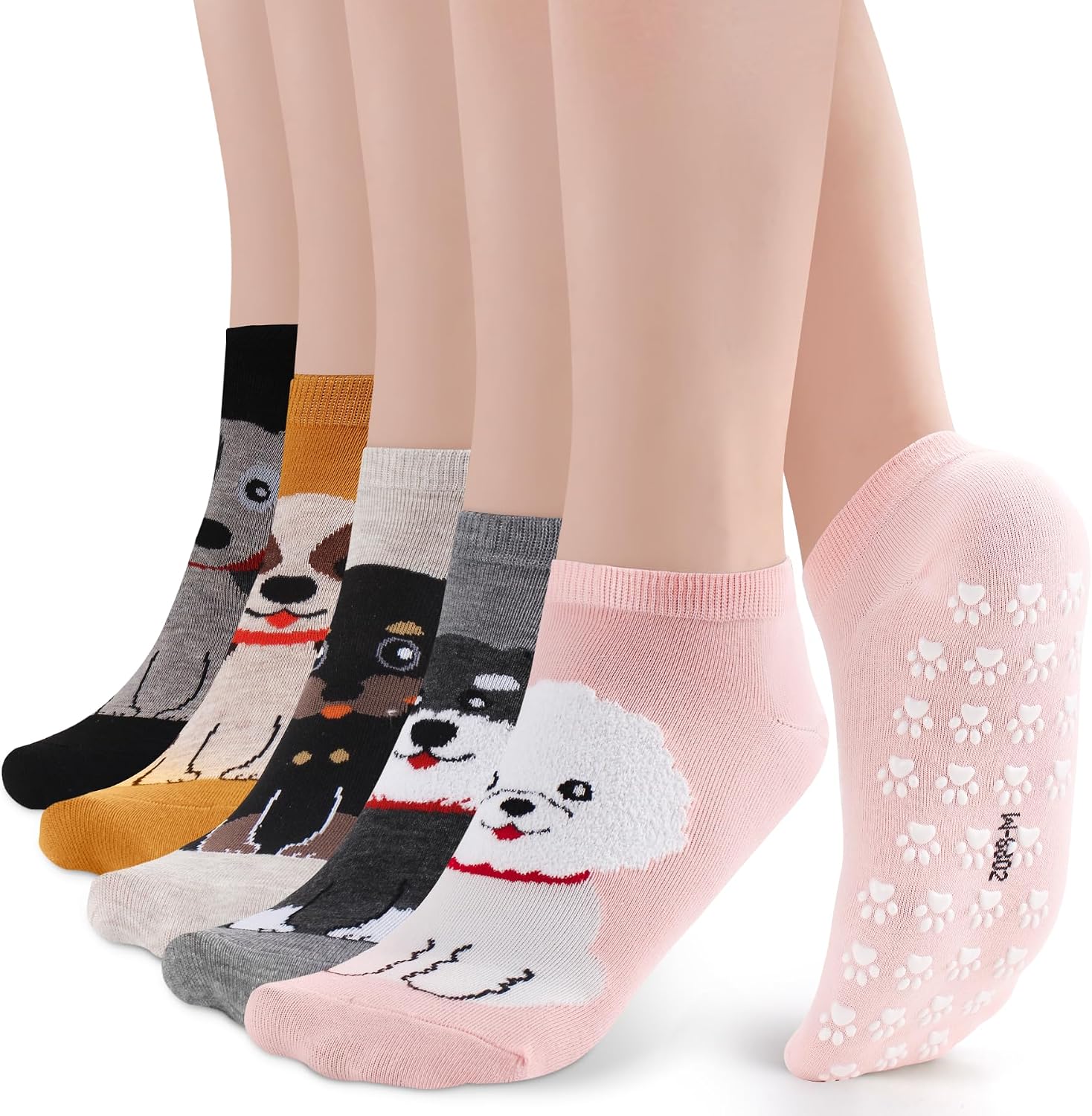 Non Slip Grippy Socks for Women Girls 5 Pack Cute Cat Grip Socks Pilates Slippers Footies for Yoga Barre Hospital