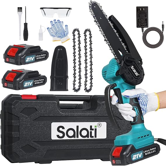 Mini Chainsaw 6 Inch Cordless, Salati Electric Chainsaw Cordless with Security Lock & 2 Battery, Small Handheld Power Chain Saws for Wood Cutting, Branch Pruning, Garden