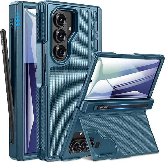 Caka for Samsung Galaxy Z Fold 7 Case [Hidden Kickstand] [Hinge Protection] [Screen Protector] [S-Pen Holder] Full Body Hard Shockproof Phone Cover with Anti-Slip Textured for Fold7 - Blue