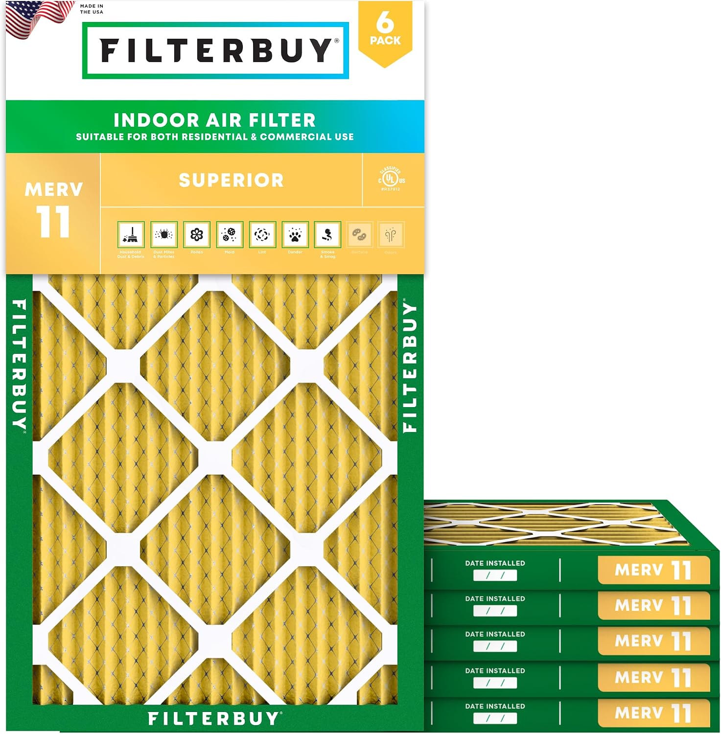 Filterbuy 11.25x23.25x1 Air Filter MERV 11 MPR 1200 Allergen Defense Replacement 6-Pack, Electrostatic Pleated HVAC AC Furnace Filters, Made in USA Actual Size: 11.25 x 23.25 x 0.75