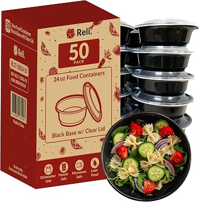 Reli. Meal Prep Container Bowls, 24 oz. | 50 Pack | Round Meal Prep Containers with Lids | Reusable 24 oz Bowls with Lids | Microwavable, Black Food Storage Boxes | Black