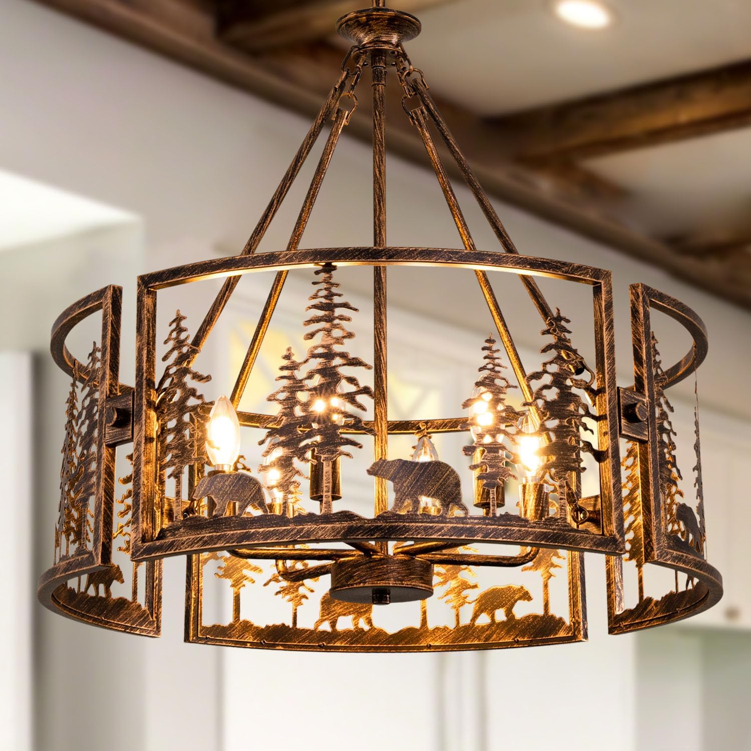 TOCHIC Rustic Chandeliers for Dining Room, 6 Lights Western Light Fixture, Vintage Chandelier for Bedroom, Bear Metal Ceiling Light Fixture, Farmhouse Chandelier for Entryway, Foyer, 26 D
