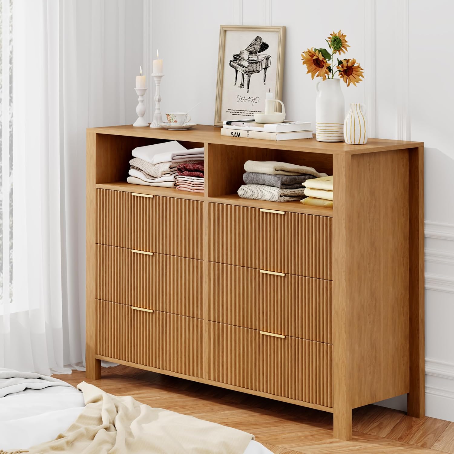 Fluted 6 Drawer Dresser, 47 Wide Wood Dressers with Drawers for Bedroom Living Room Modern Chest of Drawers with Storage Shelf, Natural Oak