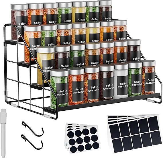 4-Tier Spice Rack Organiser - Height adjustable (2/3/4 levels) Spice Racks - Metal spice rack with S-hooks & labels - Spice organizer for kitchen, cupboard, bathroom
