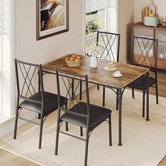 Dining Table Set for 4, Wood Kitchen Table Set 4 Chairs with Upholstered Bench, Modern Table Set for 4-6 with Cozy Cushion for Dinette, Compact Space-Saving Farmhouse Dinette Set, Vintage