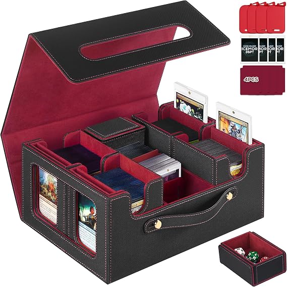 Card Storage Box for Handle, Commander Deck Box for MTG & TCG, Trading Card Storage Box with 4 Toploaders, 4 Stoppers, 4 Colourful Dividers (Black & Red)